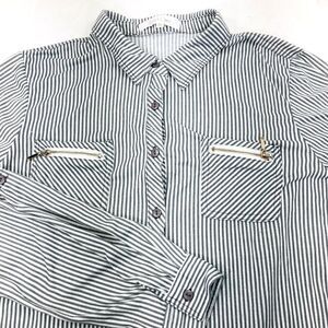 Eden + Olivia Anthropology Top Stripe Roll Sleeve Gray White L Womens Button Y2K